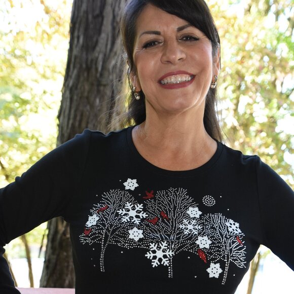 Christmas Cardinals in Snow rhinestone long sleeved shirt XS S M L XL XXL 1X2X… - Picture 4 of 7